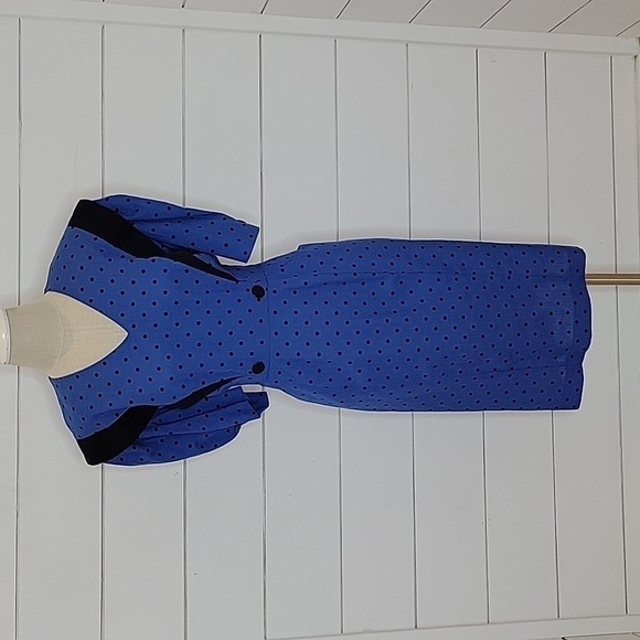 VINTAGE 80s NWOT Gregory Designs size 16p blue & black polka dot midi dress - Picture 1 of 5